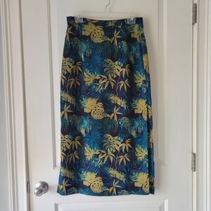 Vintage High Waist Maxi Skirt Floral Tropical Blue Green